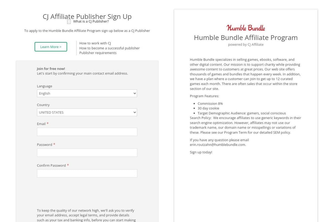 Humble Bundle affiliate program signup page