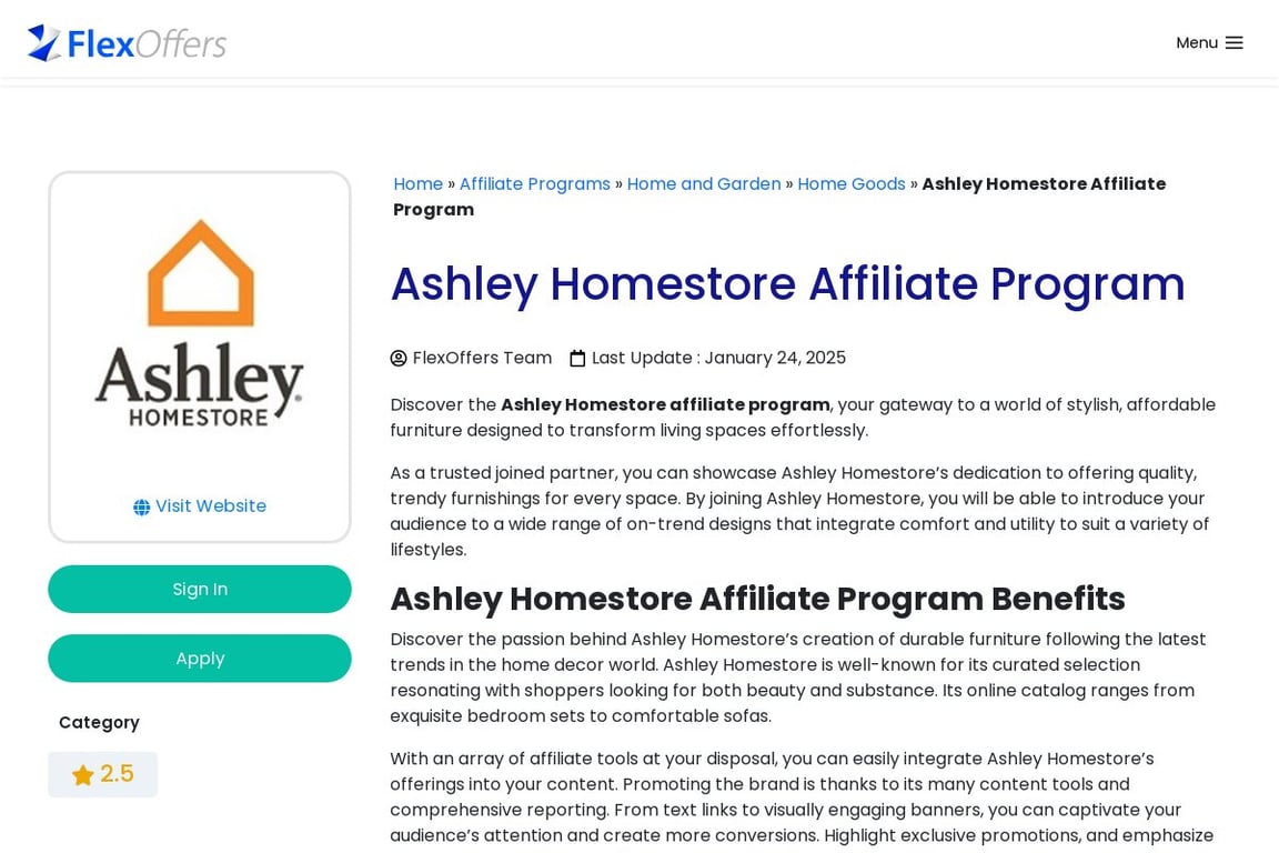 Ashley HomeStore Canada affiliate program signup page