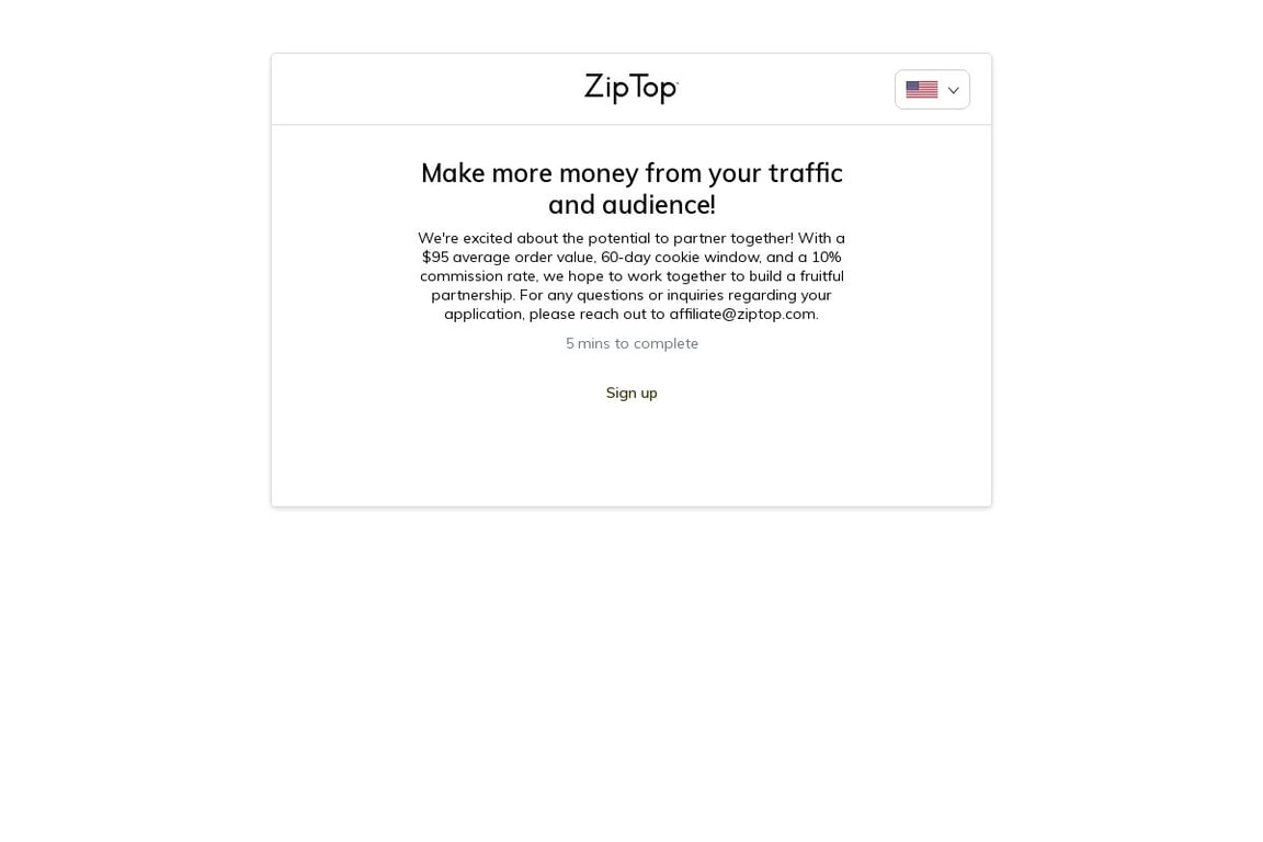 ZipTop affiliate program signup page