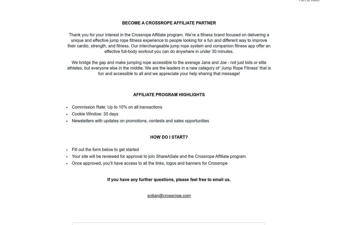 Crossrope affiliate program signup page