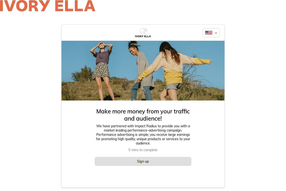 Ivory Ella affiliate program signup page