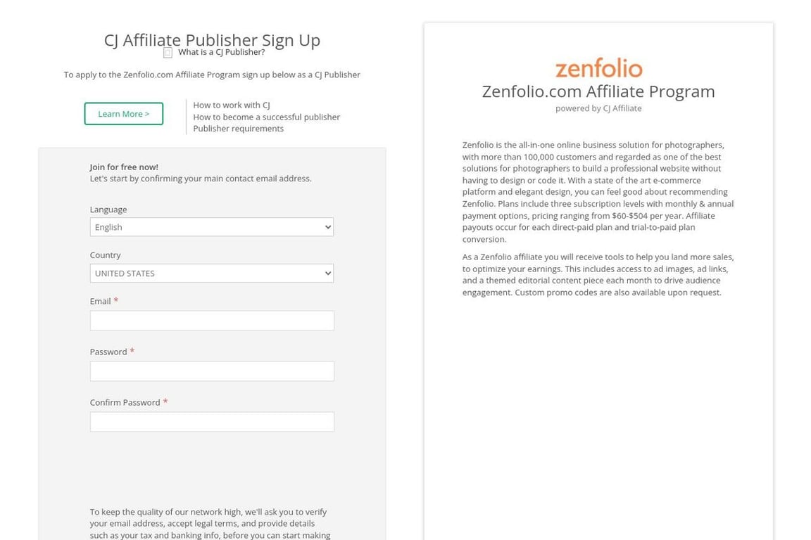 Zenfolio.com affiliate program signup page