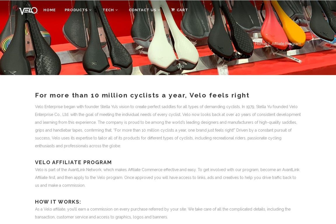 Velo Saddles US affiliate program signup page