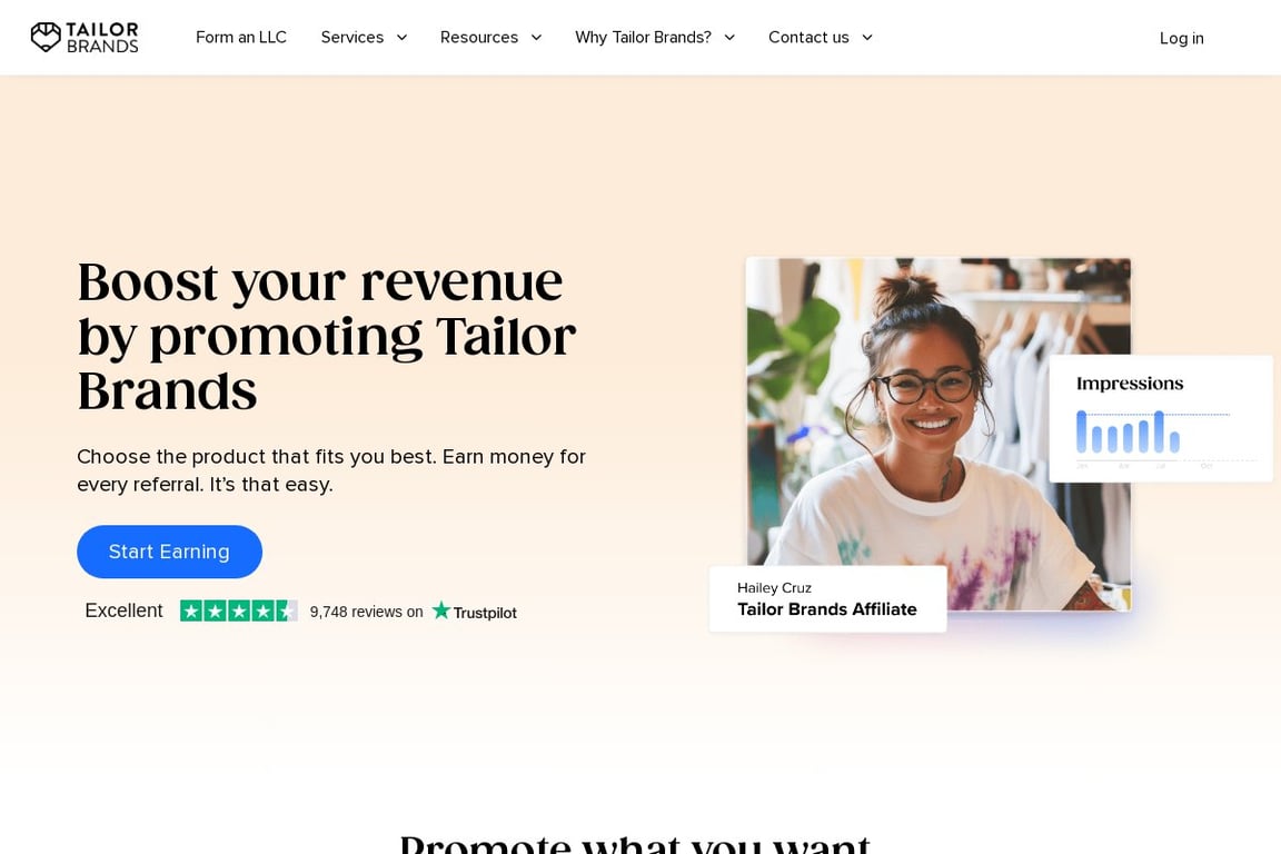 Tailor Brands affiliate program signup page