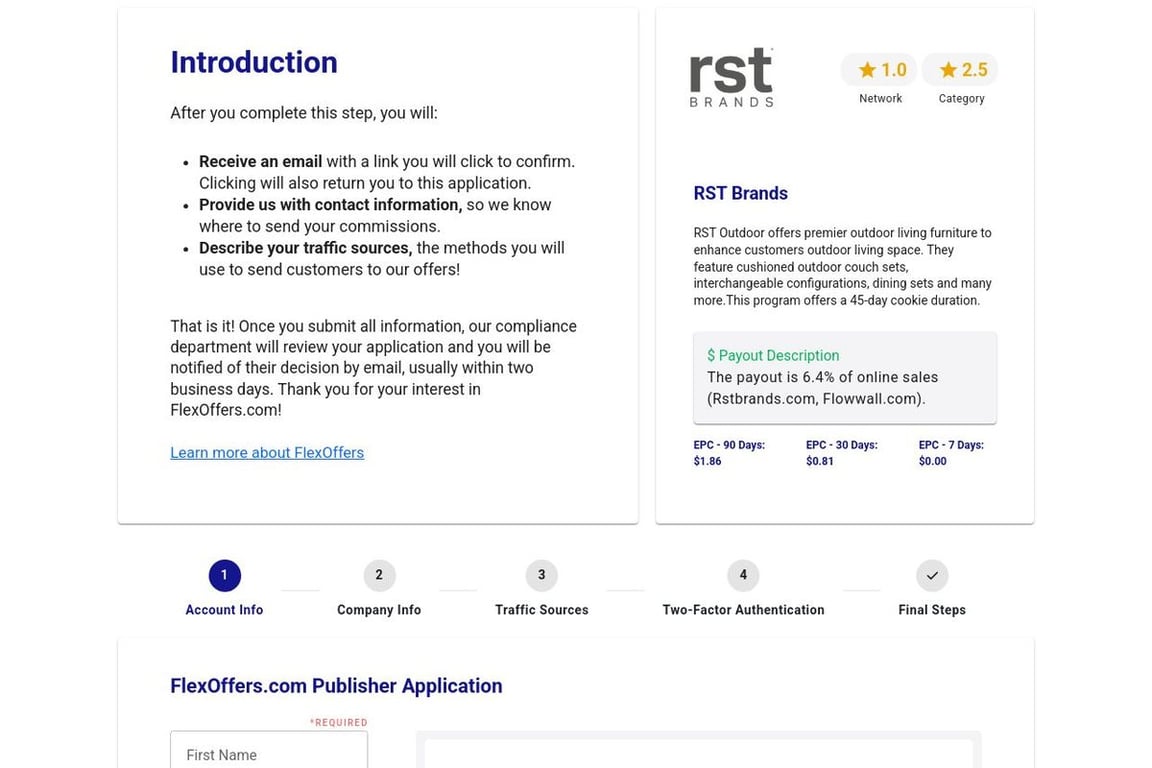 RST Brands affiliate program signup page