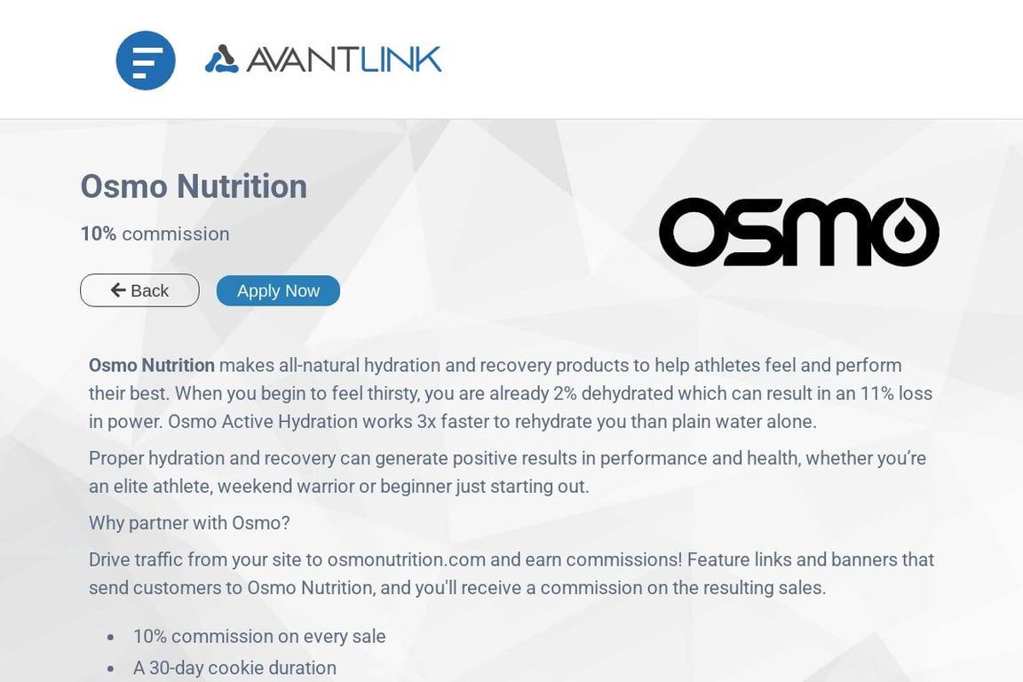 Osmo Nutrition affiliate program signup page