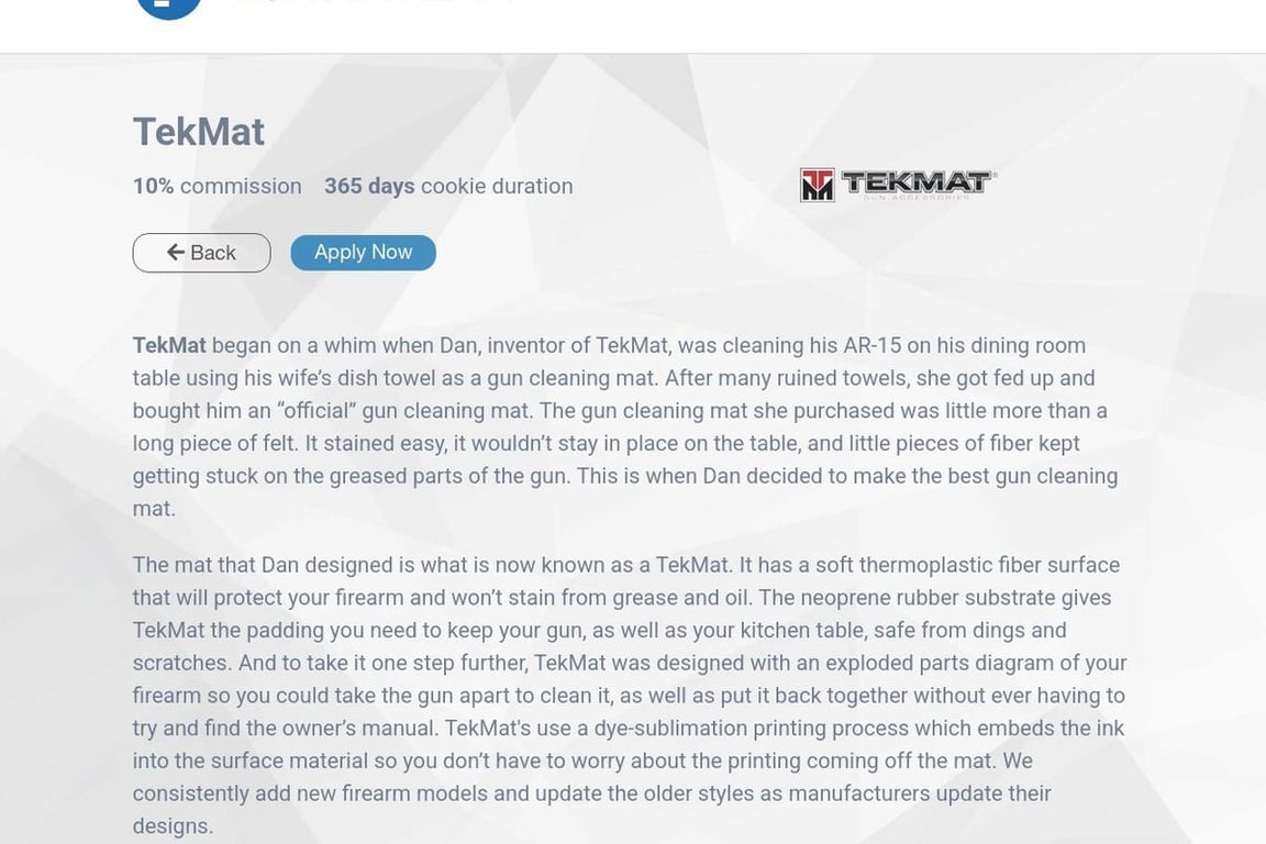 TekMat affiliate program signup page