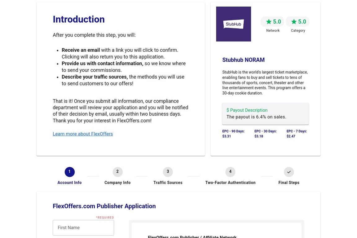 Stubhub NORAM affiliate program signup page