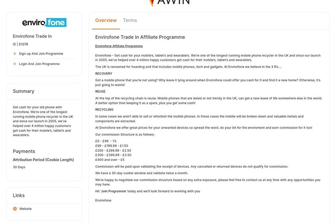 Envirofone Trade In affiliate program signup page