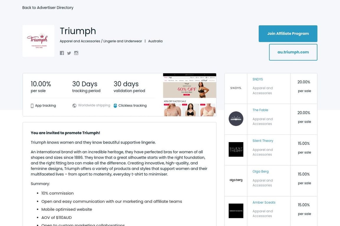 Triumph affiliate program signup page