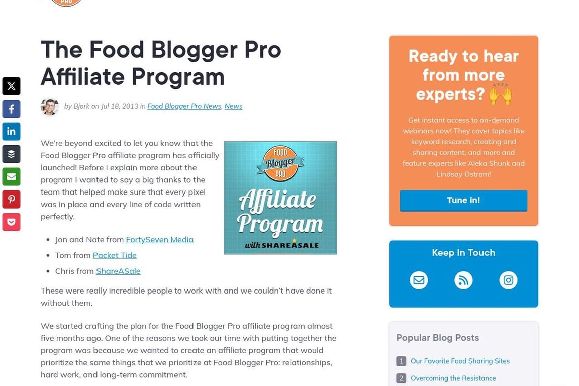 Food Blogger Pro affiliate program signup page