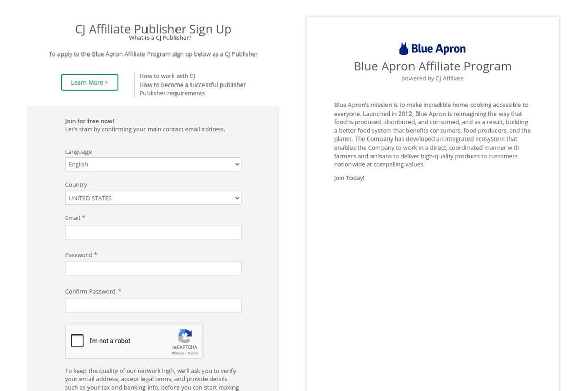 Blue Apron affiliate program signup page