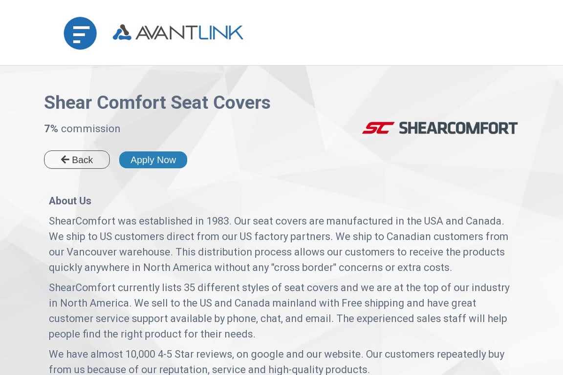 ShearComfort Seat Covers CA affiliate program signup page