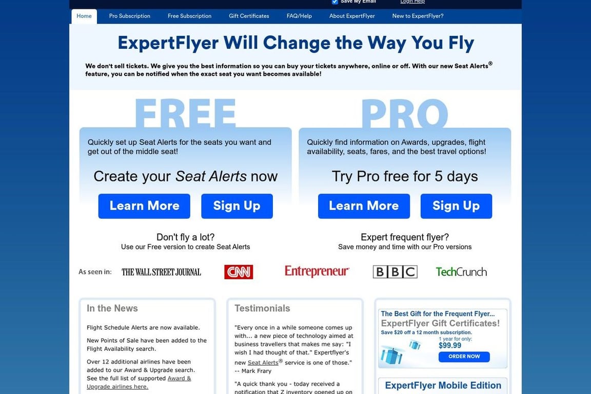 ExpertFlyer homepage