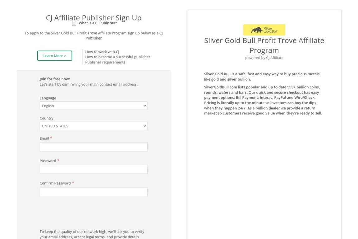 Silver Gold Bull Profit Trove affiliate program signup page