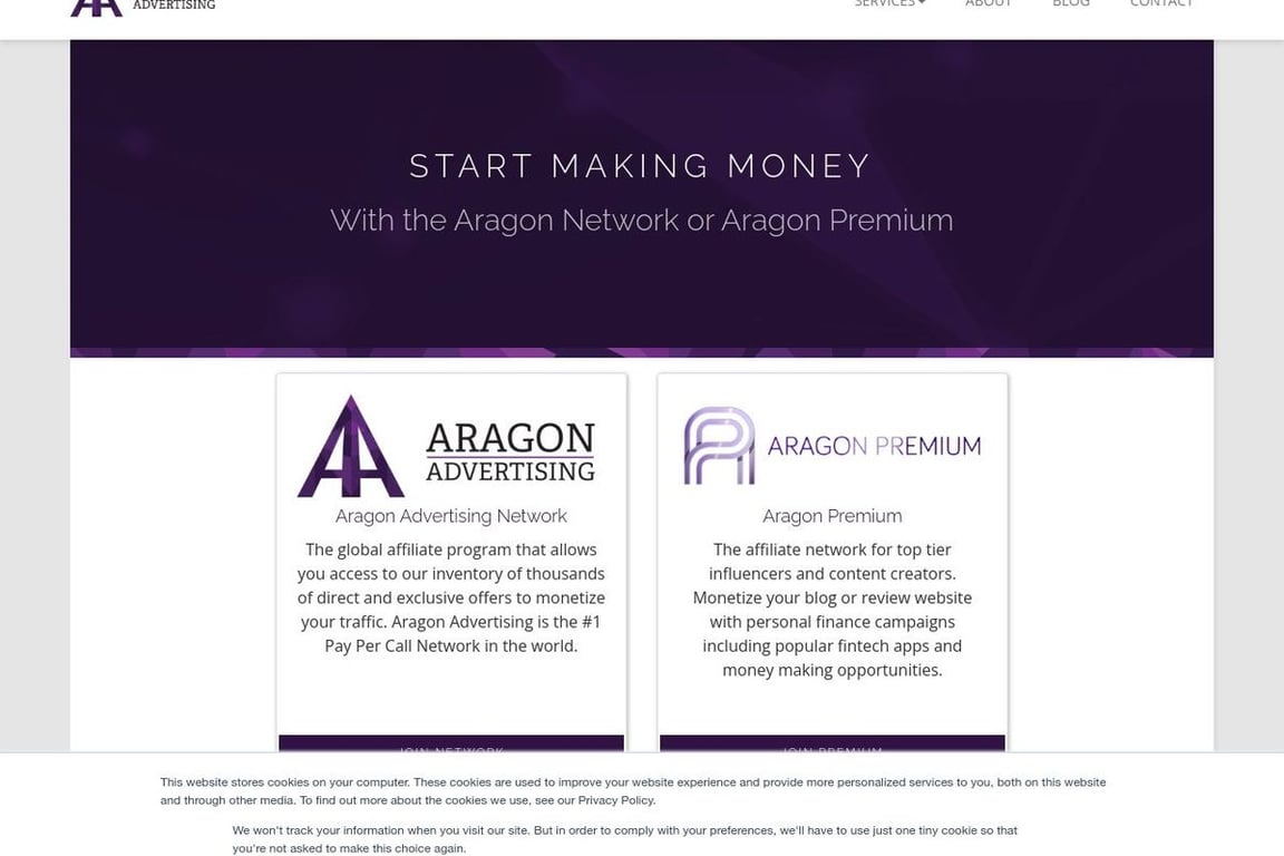 Aragon Advertising affiliate program signup page
