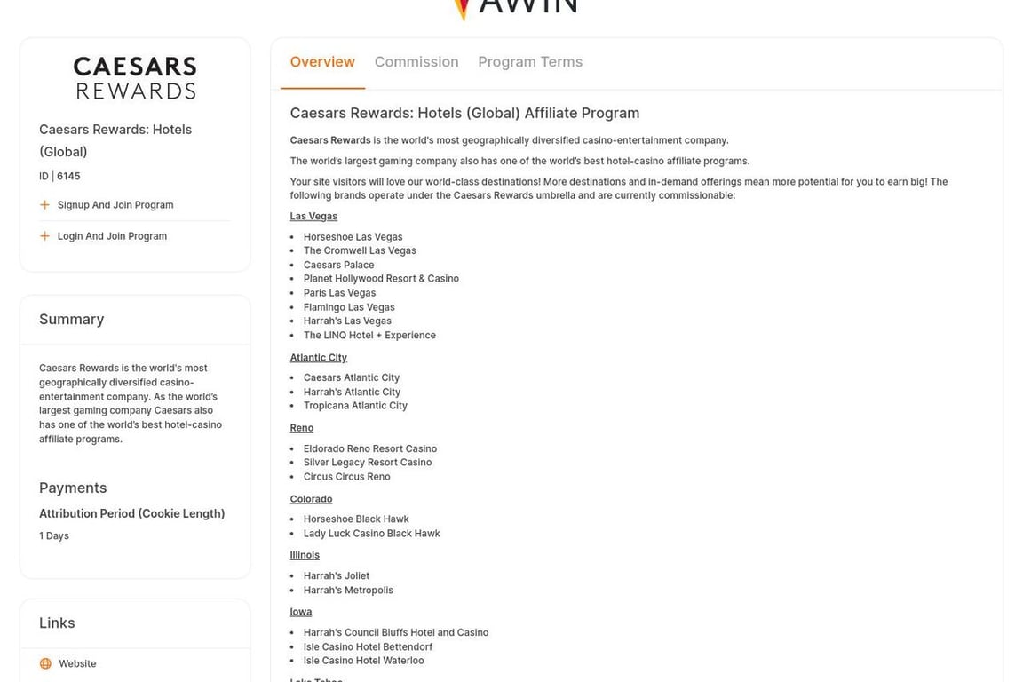 Harrah’s Laughlin affiliate program signup page