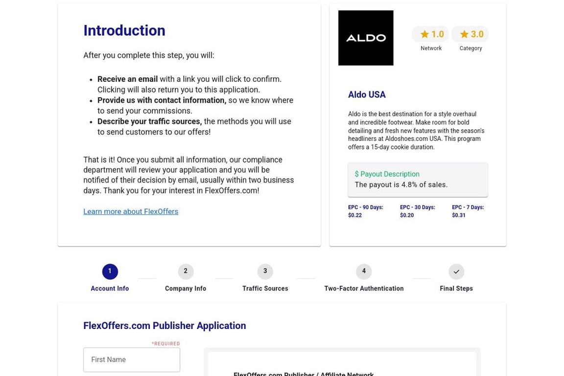 Aldo USA affiliate program signup page