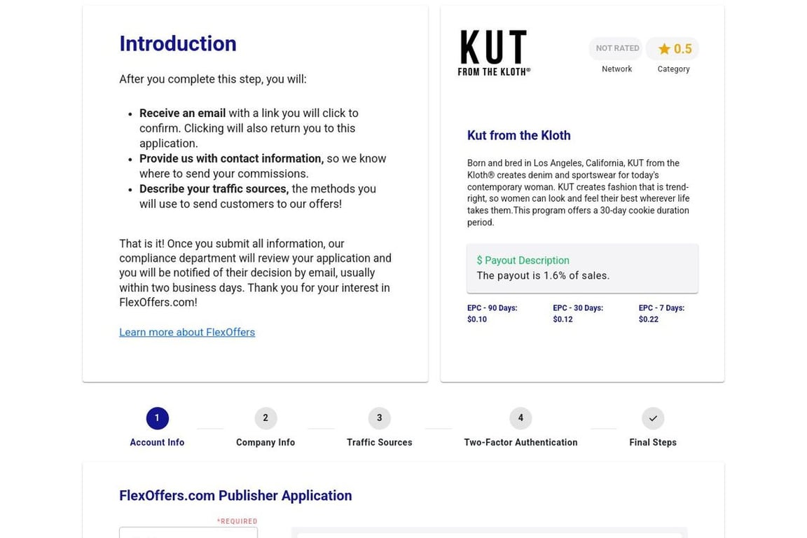 Kut From Kloth affiliate program signup page