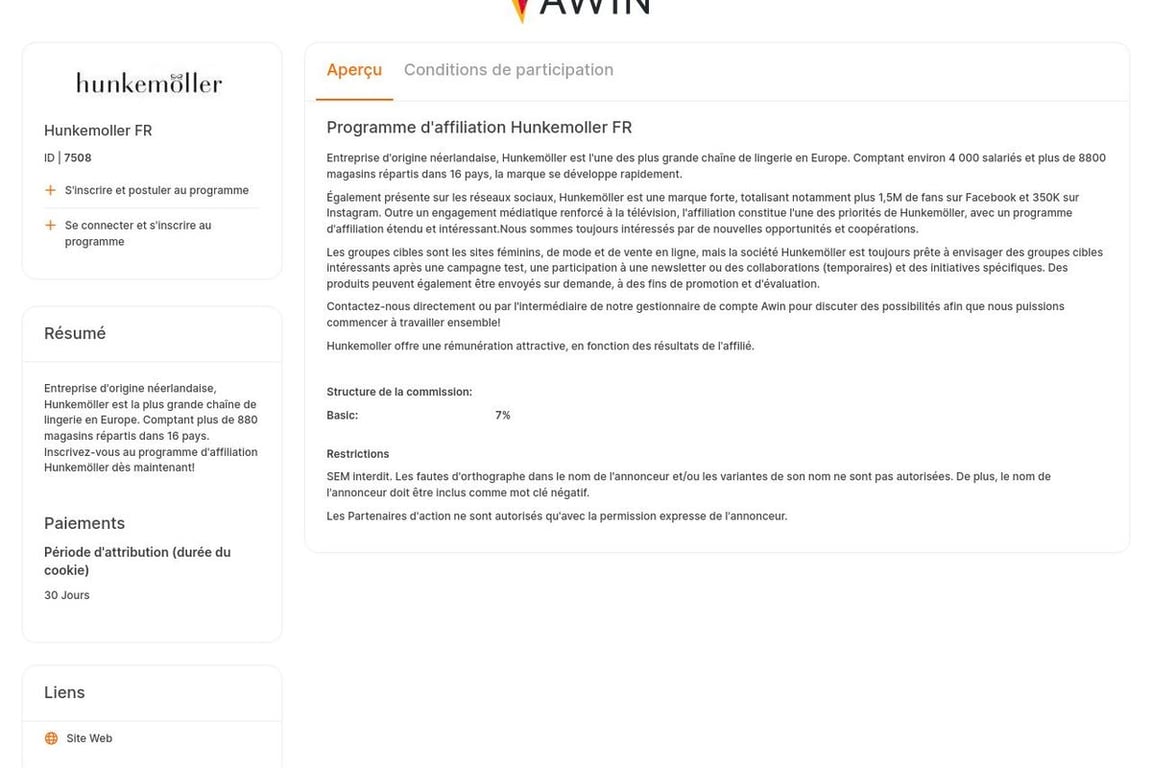 Hunkemoller FR affiliate program signup page