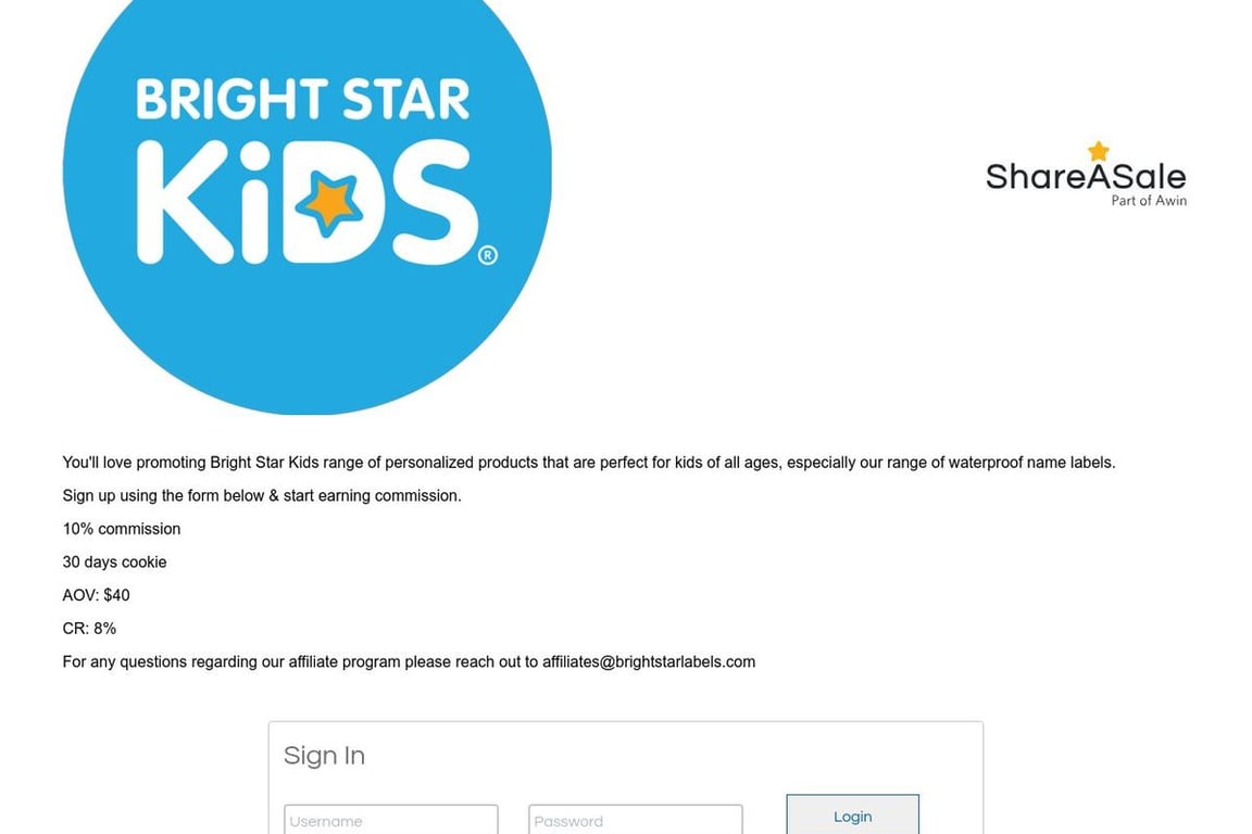 Bright Star Kids affiliate program signup page