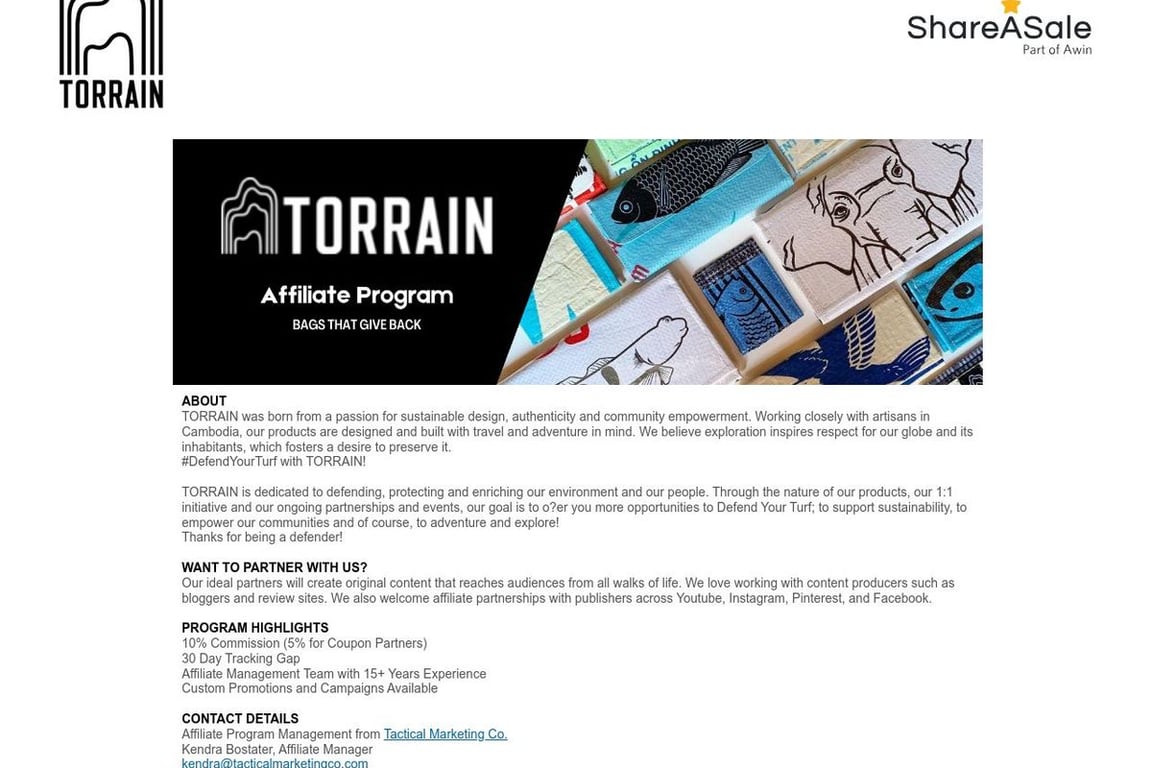 TORRAIN Recycled Bags affiliate program signup page