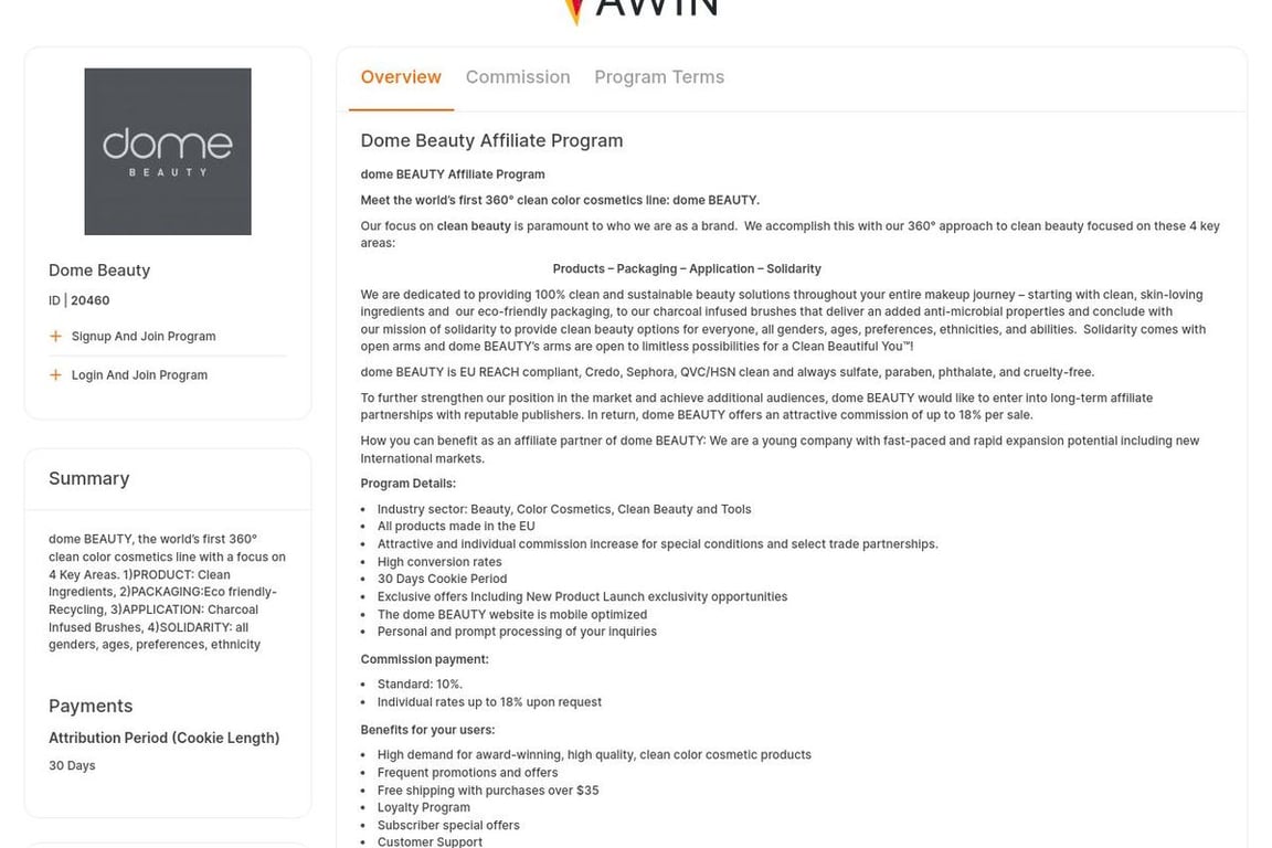 Dome Beauty affiliate program signup page