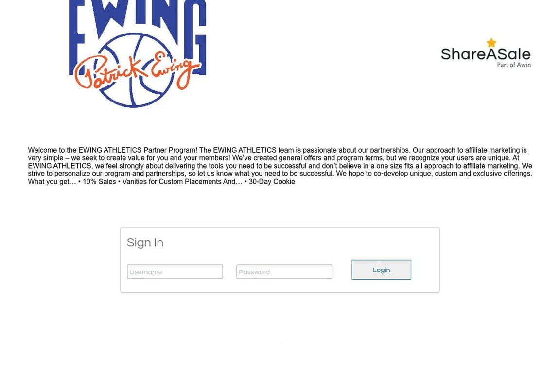 Ewing Athletics affiliate program signup page