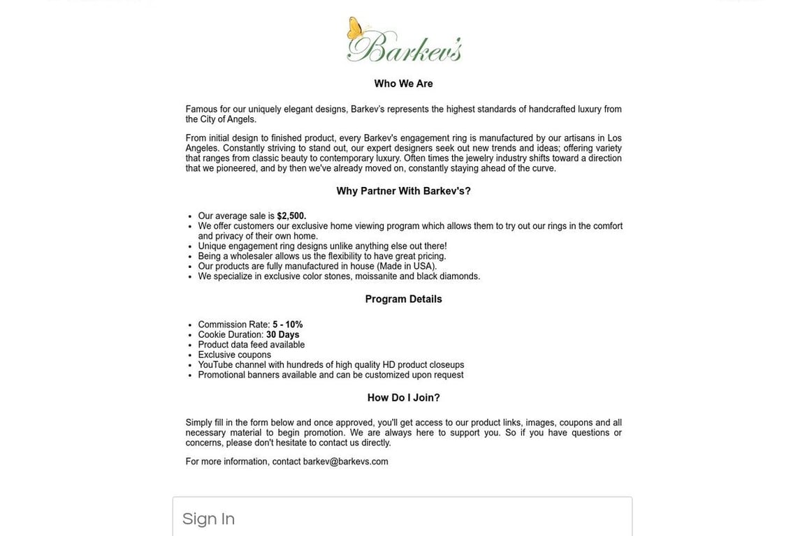 Barkev’s affiliate program signup page