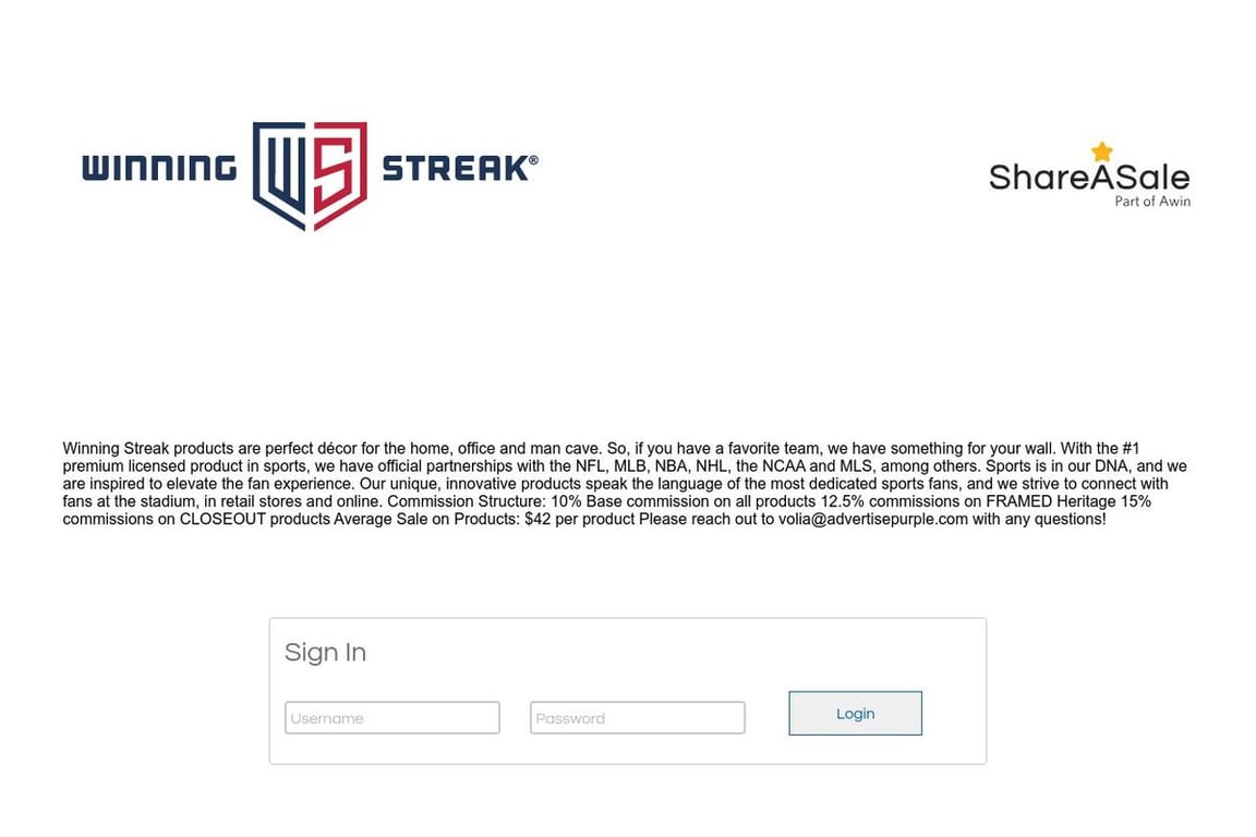 Winning Streak Sports affiliate program signup page