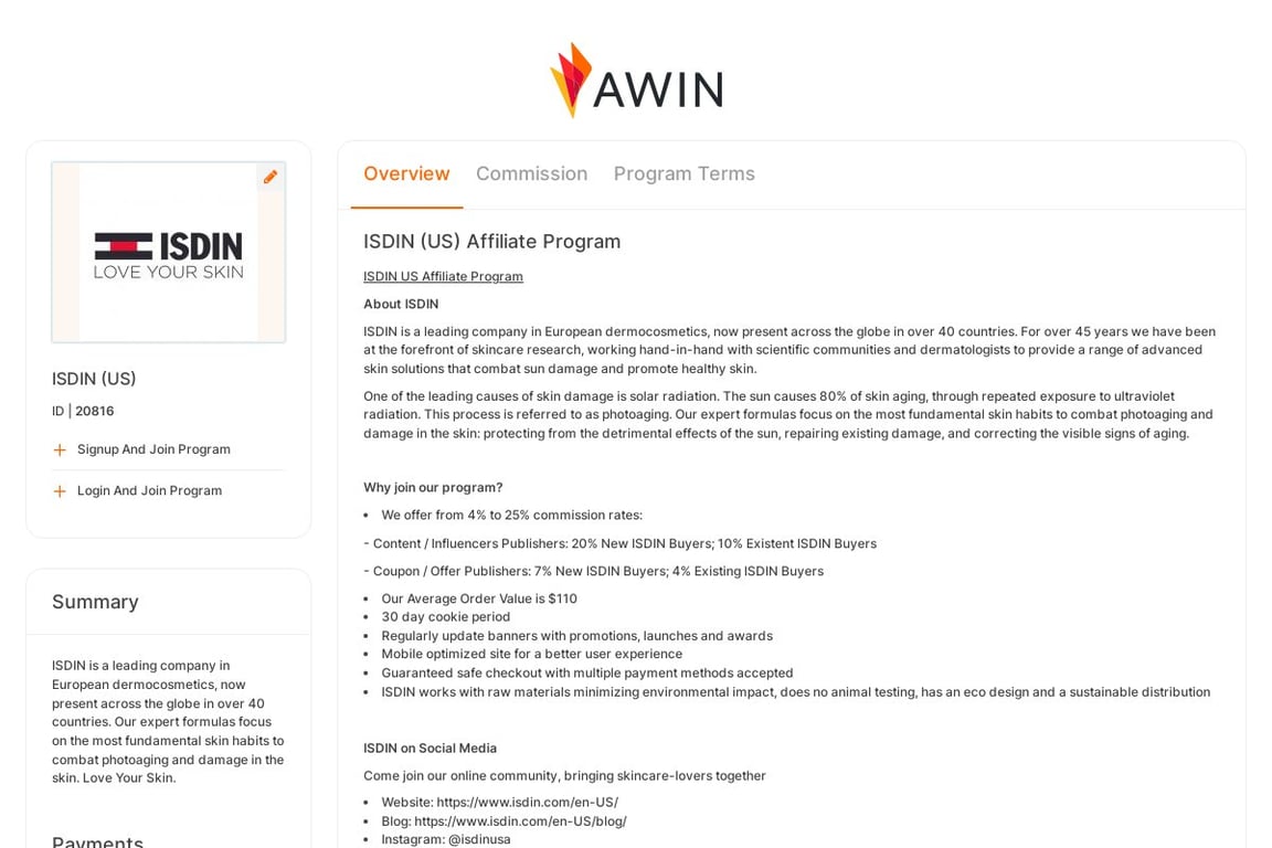 ISDIN (US) affiliate program signup page