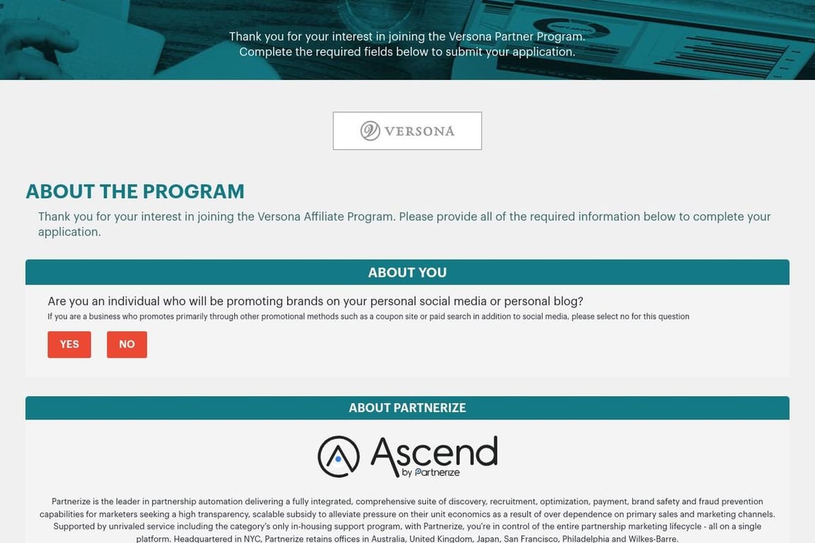 Versona affiliate program signup page