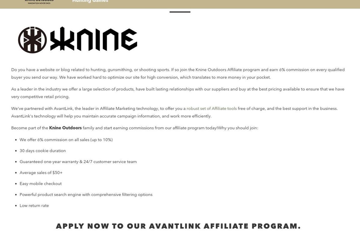 Knine Outdoors affiliate program signup page