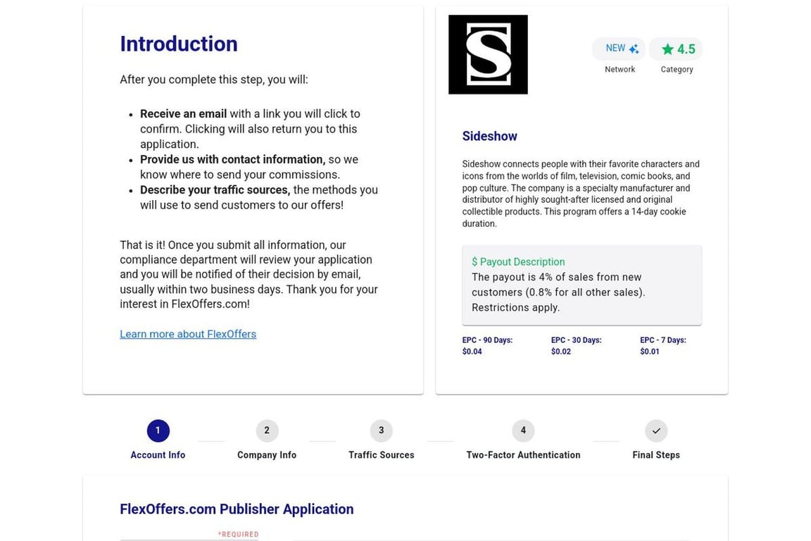 Sideshow affiliate program signup page