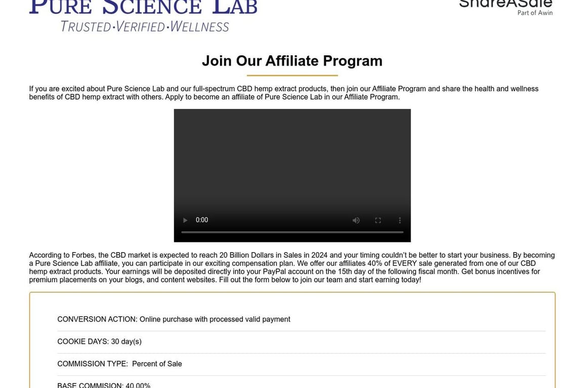 Pure Science Lab affiliate program signup page