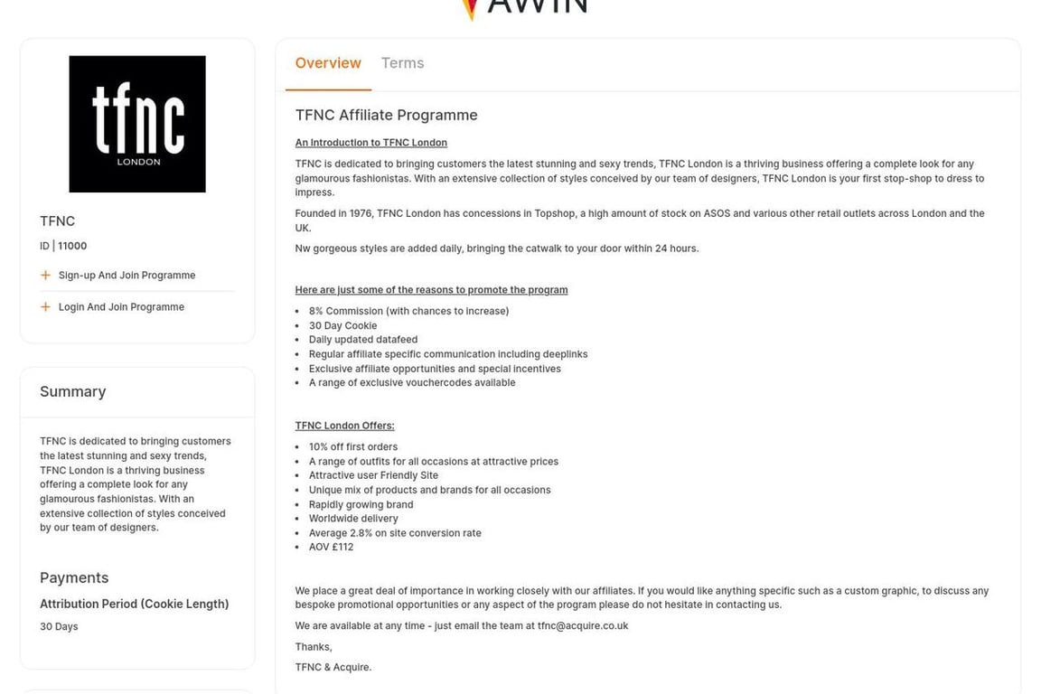 TFNC affiliate program signup page