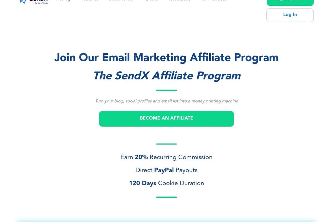 SendX affiliate program signup page