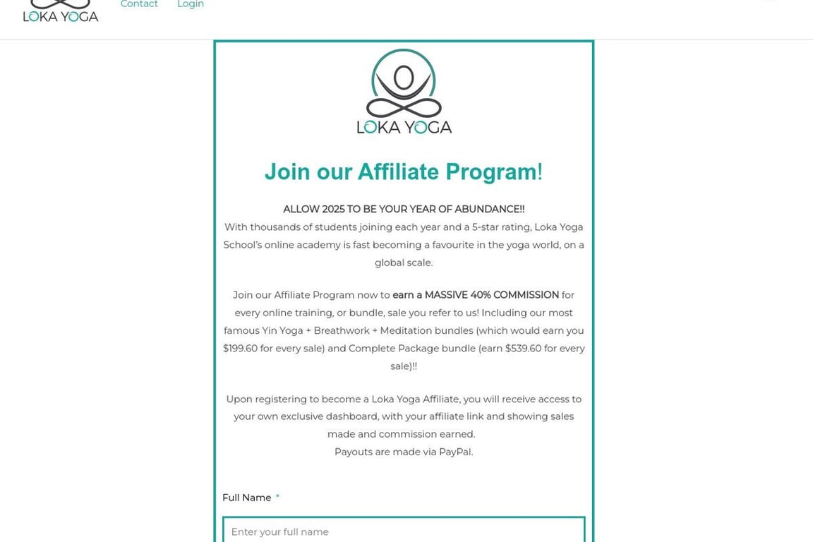 Loka Yoga School affiliate program signup page