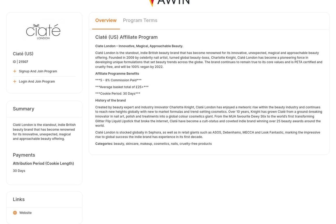 Ciate affiliate program signup page
