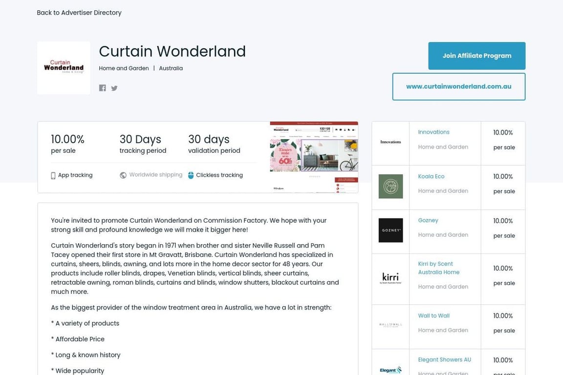 Curtain Wonderland affiliate program signup page