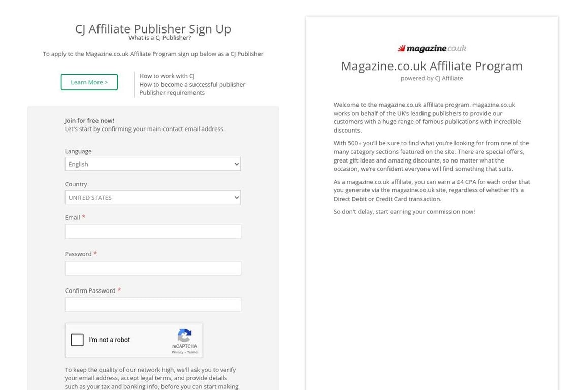 Magazine.co.uk affiliate program signup page