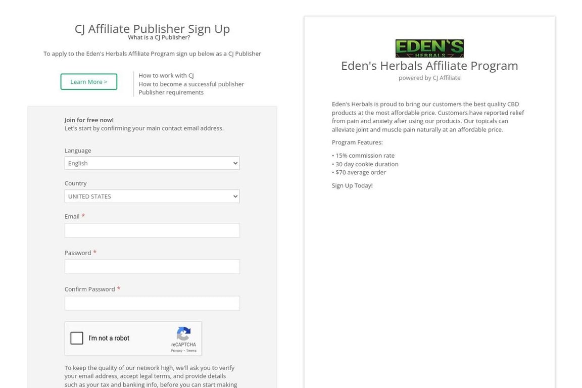 Eden’s Herbals affiliate program signup page