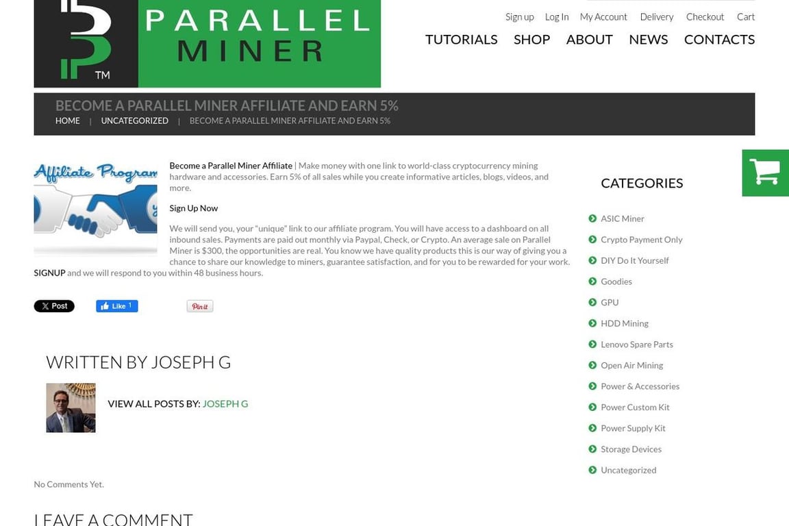 Parallel Miner affiliate program signup page
