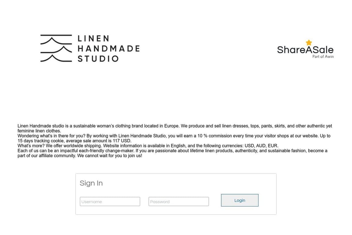 Linen handmade studio affiliate program signup page