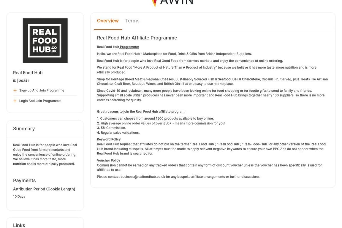 Real Food Hub affiliate program signup page