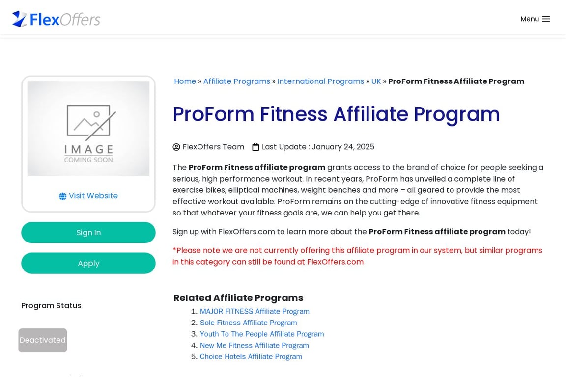 ProForm Fitness affiliate program signup page