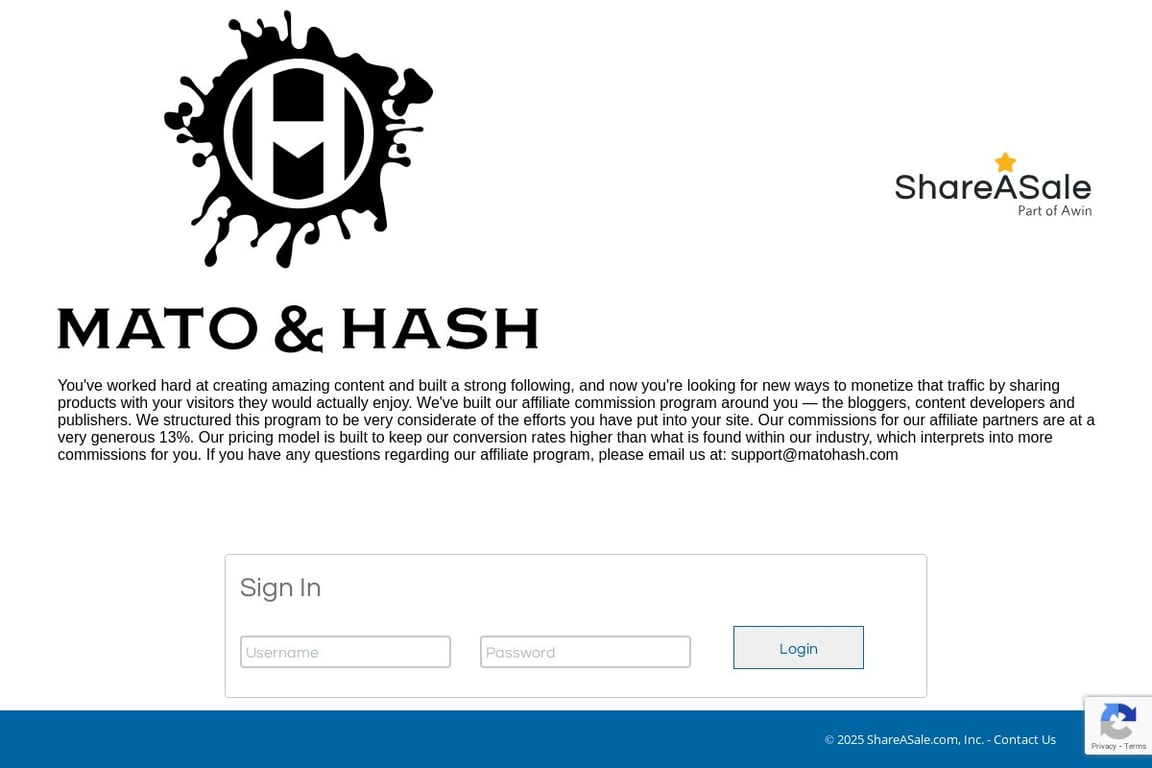 Mato & Hash affiliate program signup page