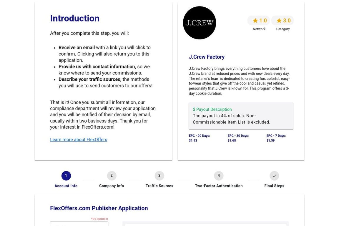 J.Crew Factory affiliate program signup page
