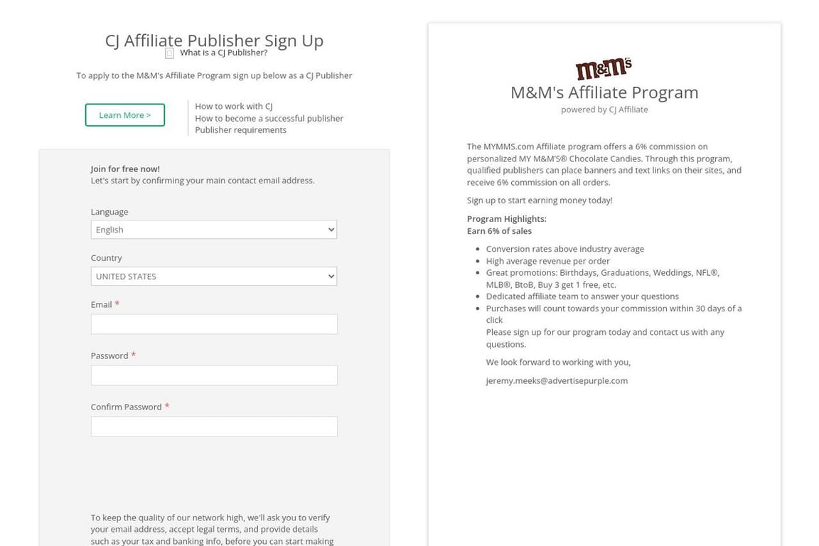 M&M’s affiliate program signup page