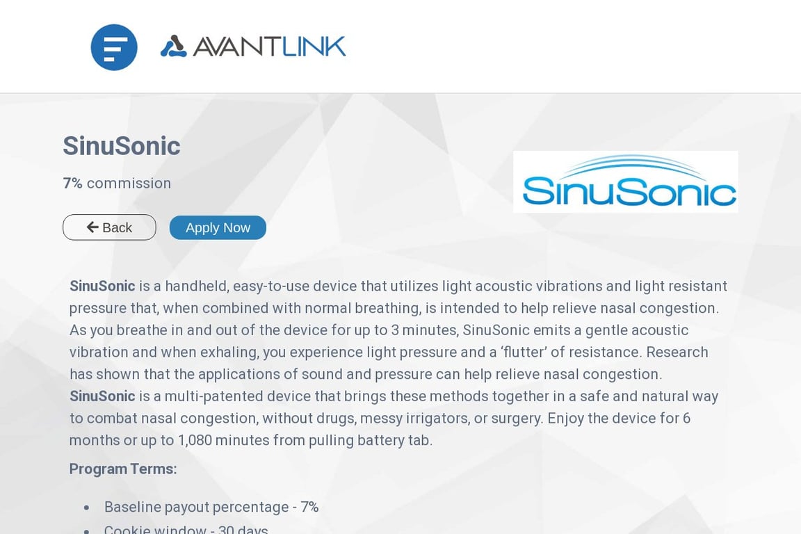 SinuSonic affiliate program signup page